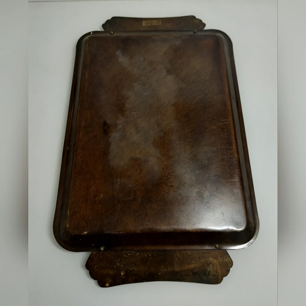 VINTAGE ENAMEL ON BRASS BLUE SERVING TRAY W/HANDLES MADE IN ISREAL 16
